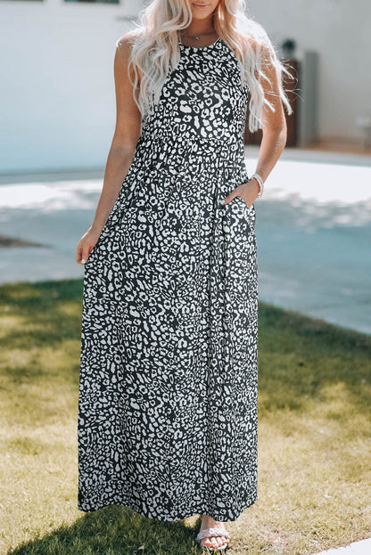 Leopard Print Maxi Dress with Pockets