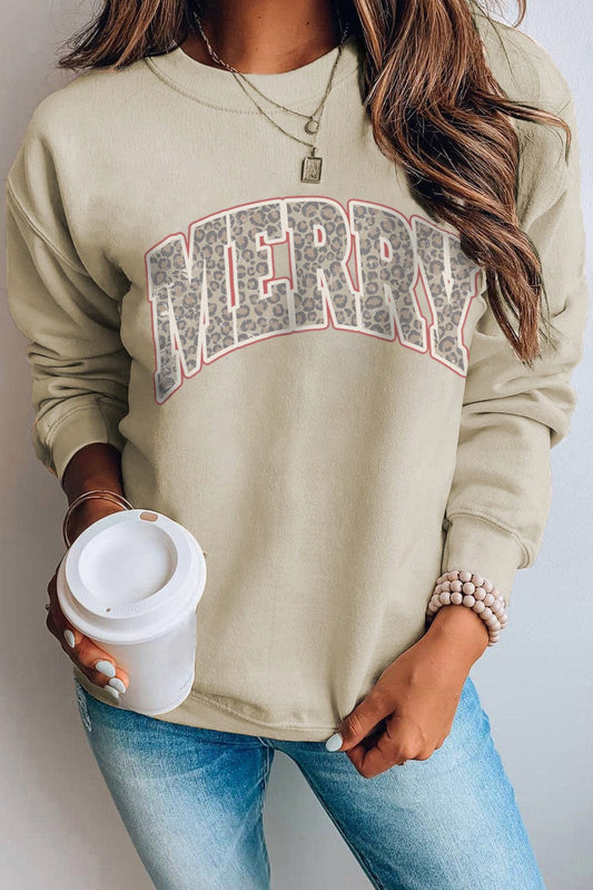 Leopard Print "MERRY" Khaki Graphic Sweatshirt