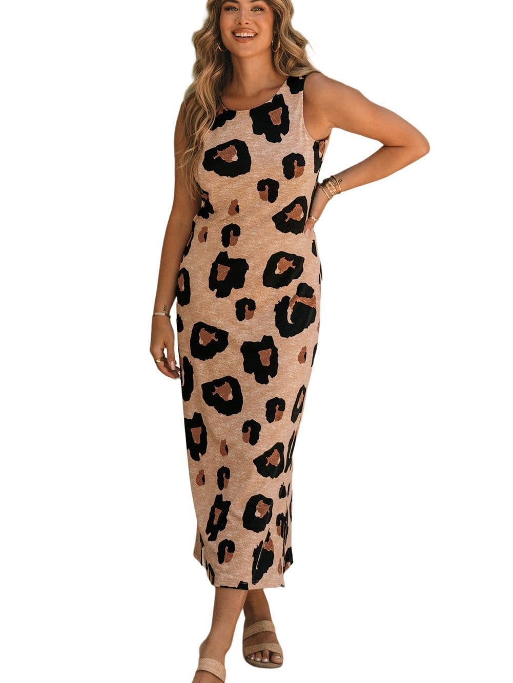 Leopard Print Open Back Maxi Dress with Side Slit