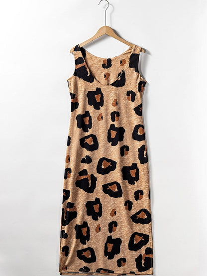 Leopard Print Open Back Maxi Dress with Side Slit