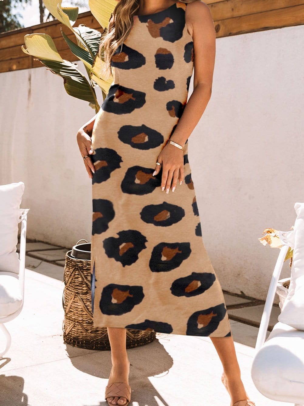 Leopard Print Open Back Maxi Dress with Side Slit