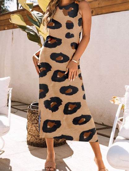 Leopard Print Open Back Maxi Dress with Side Slit