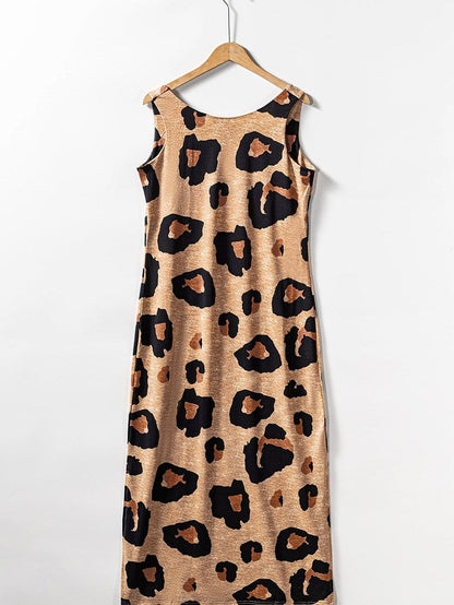 Leopard Print Open Back Maxi Dress with Side Slit
