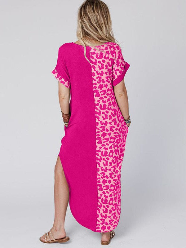 Leopard Print Patchwork Dress with Slit Hem - Women's Round Neck Long Skirt