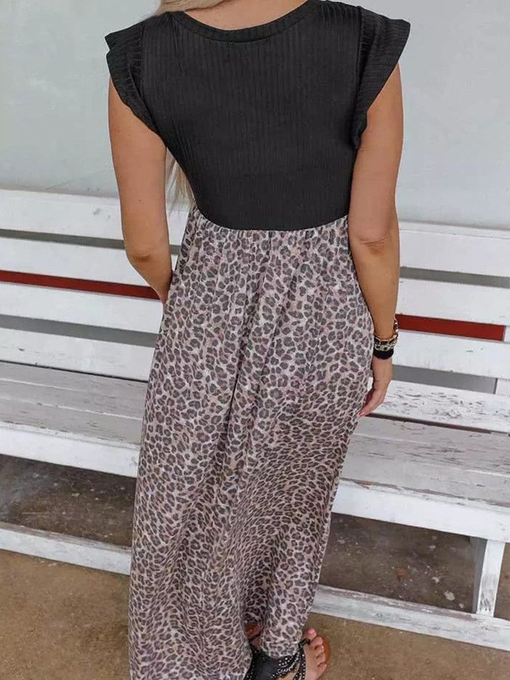 Leopard Print Ribbed Maxi Dress with Flutter Sleeves and Pockets