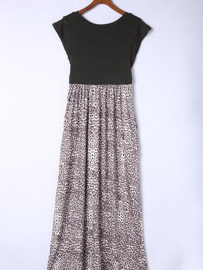 Leopard Print Ribbed Maxi Dress with Flutter Sleeves and Pockets