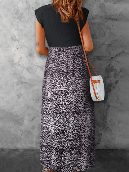 Leopard Print Ribbed Maxi Dress with Flutter Sleeves and Pockets