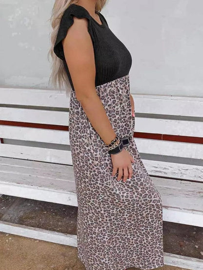 Leopard Print Ribbed Maxi Dress with Flutter Sleeves and Pockets