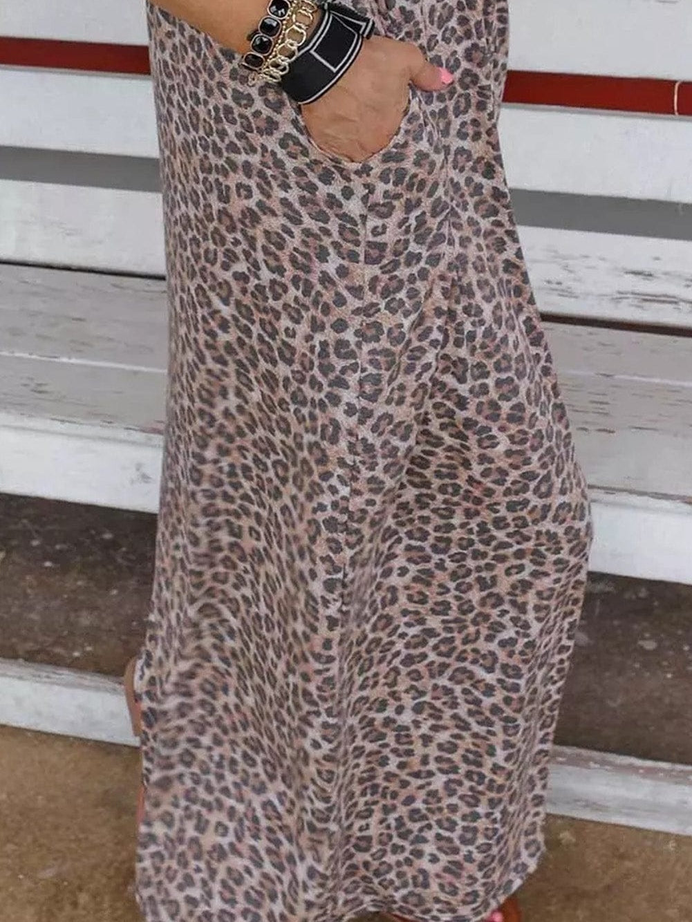 Leopard Print Ribbed Maxi Dress with Flutter Sleeves and Pockets