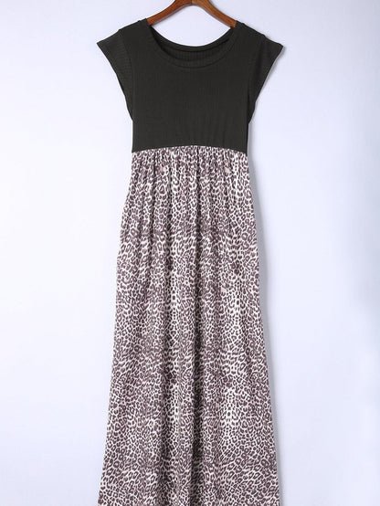 Leopard Print Ribbed Maxi Dress with Flutter Sleeves and Pockets