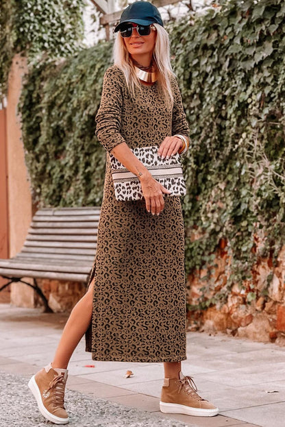 Leopard Print Round Neck Long Sleeve Maxi Dress with Split Hem