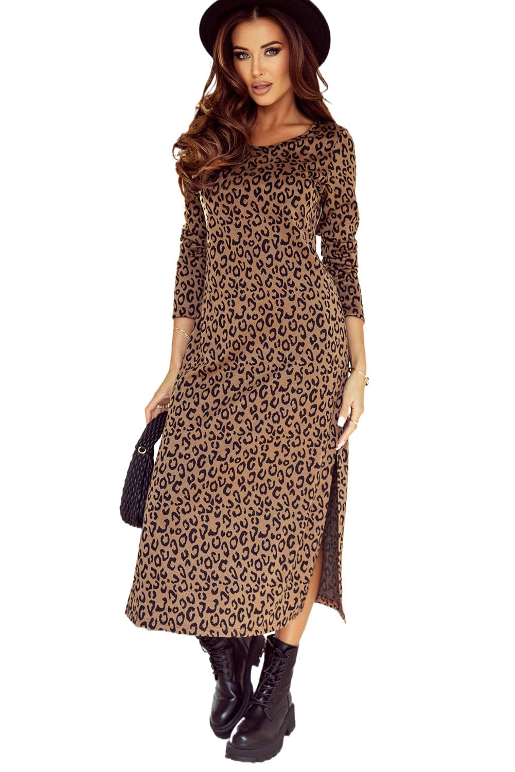 Leopard Print Round Neck Long Sleeve Maxi Dress with Split Hem