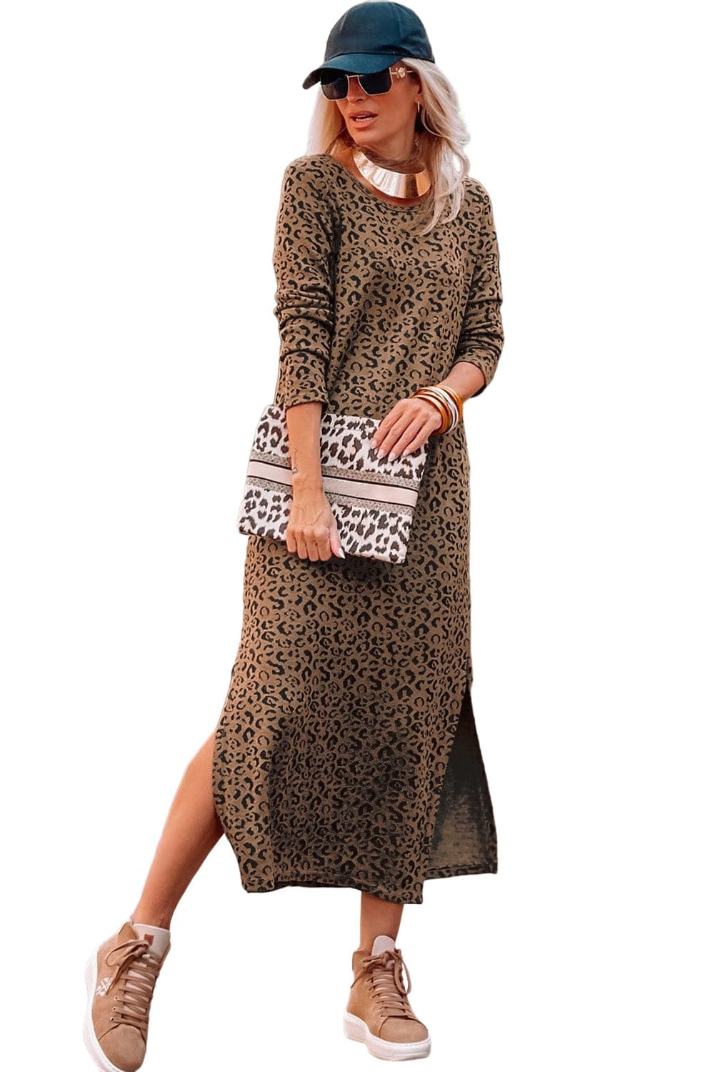 Leopard Print Round Neck Long Sleeve Maxi Dress with Split Hem