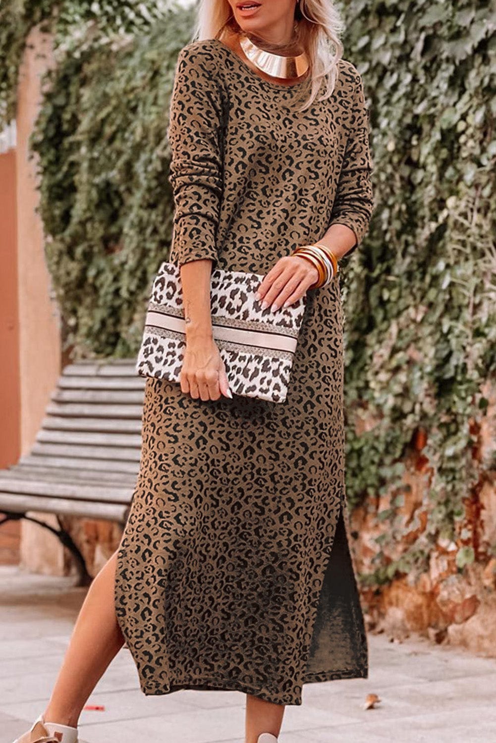 Leopard Print Round Neck Long Sleeve Maxi Dress with Split Hem
