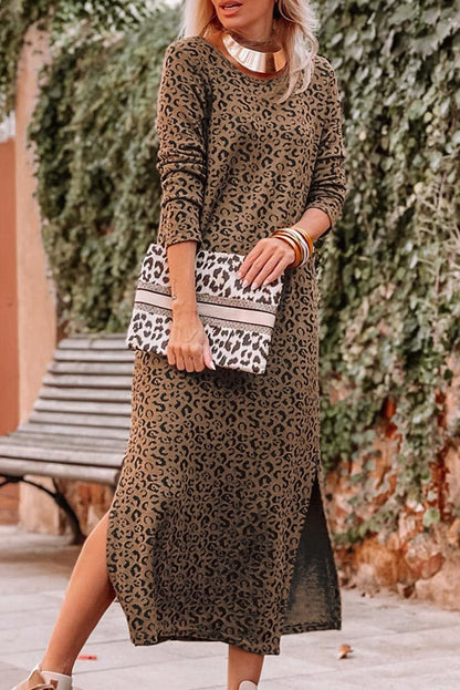Leopard Print Round Neck Long Sleeve Maxi Dress with Split Hem