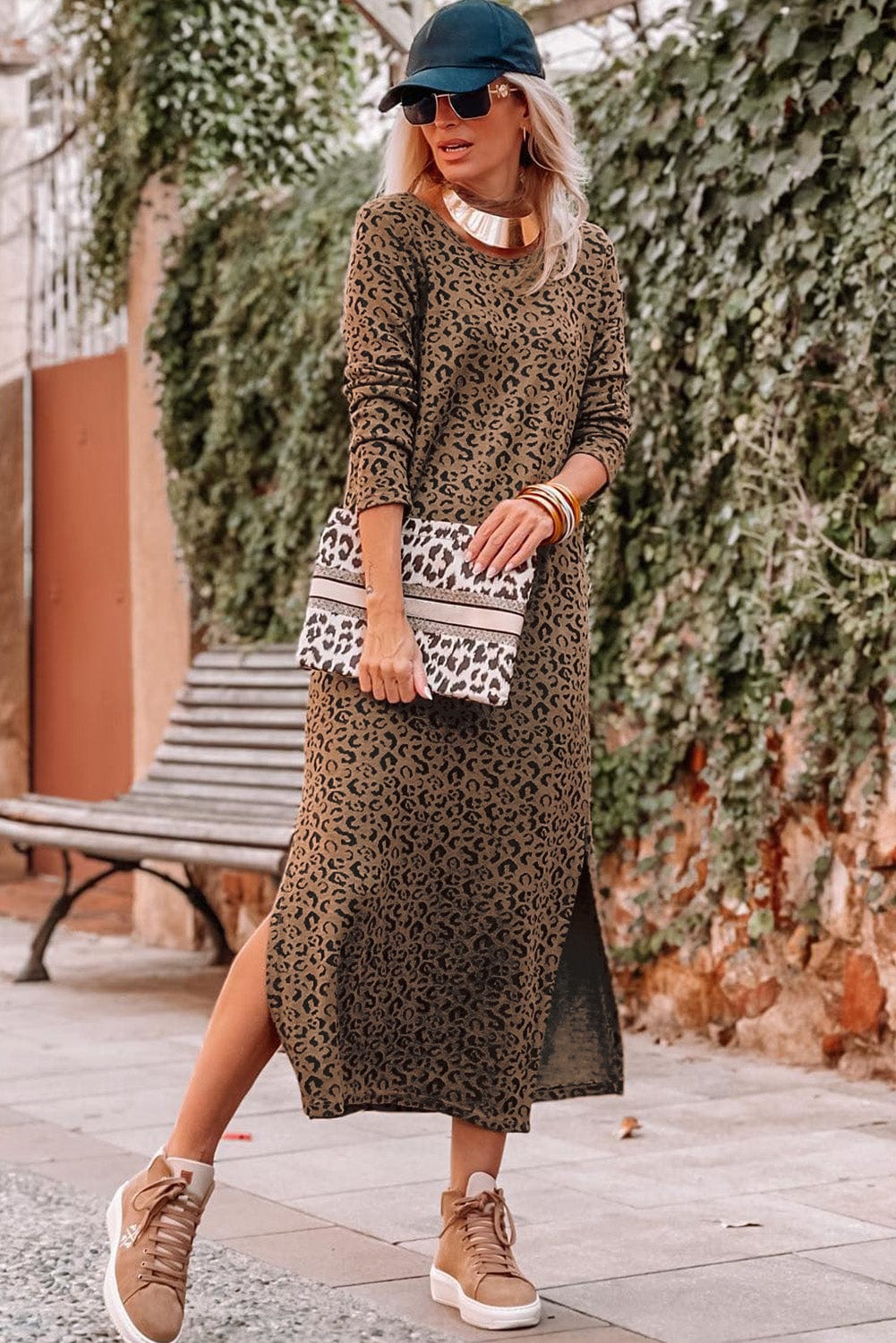 Leopard Print Round Neck Long Sleeve Maxi Dress with Split Hem