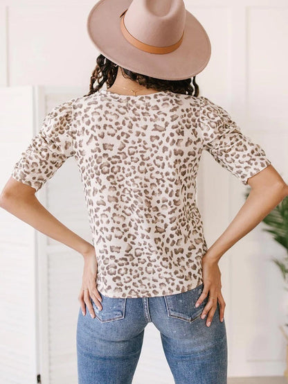 Leopard Print Ruched Sleeve Textured Multicolour Tee