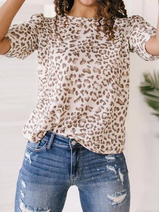 Leopard Print Ruched Sleeve Textured Multicolour Tee