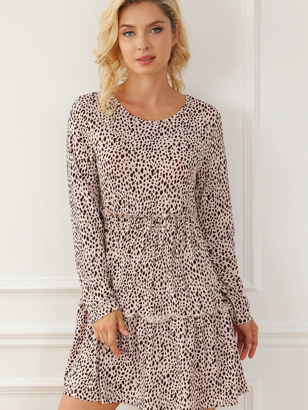 Leopard Print Ruffle Tiered Mini Dress with Long Sleeves