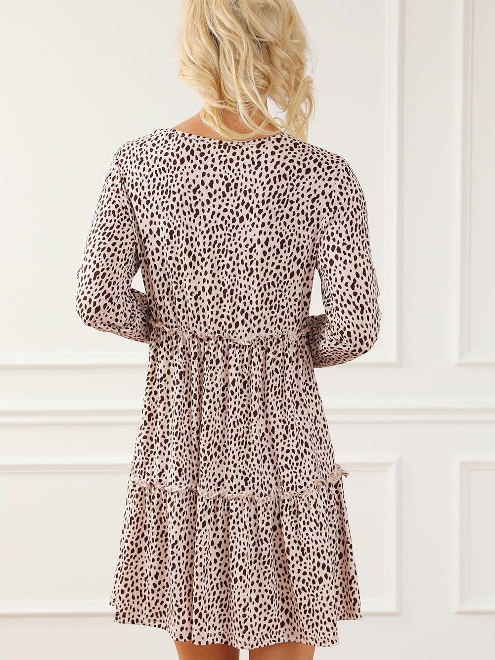 Leopard Print Ruffle Tiered Mini Dress with Long Sleeves
