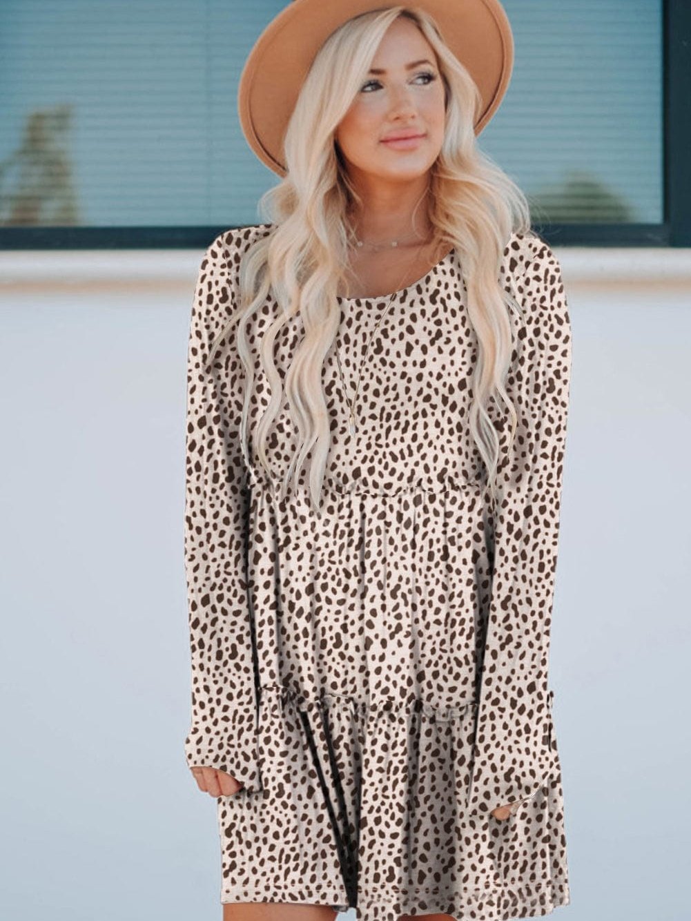 Leopard Print Ruffle Tiered Mini Dress with Long Sleeves