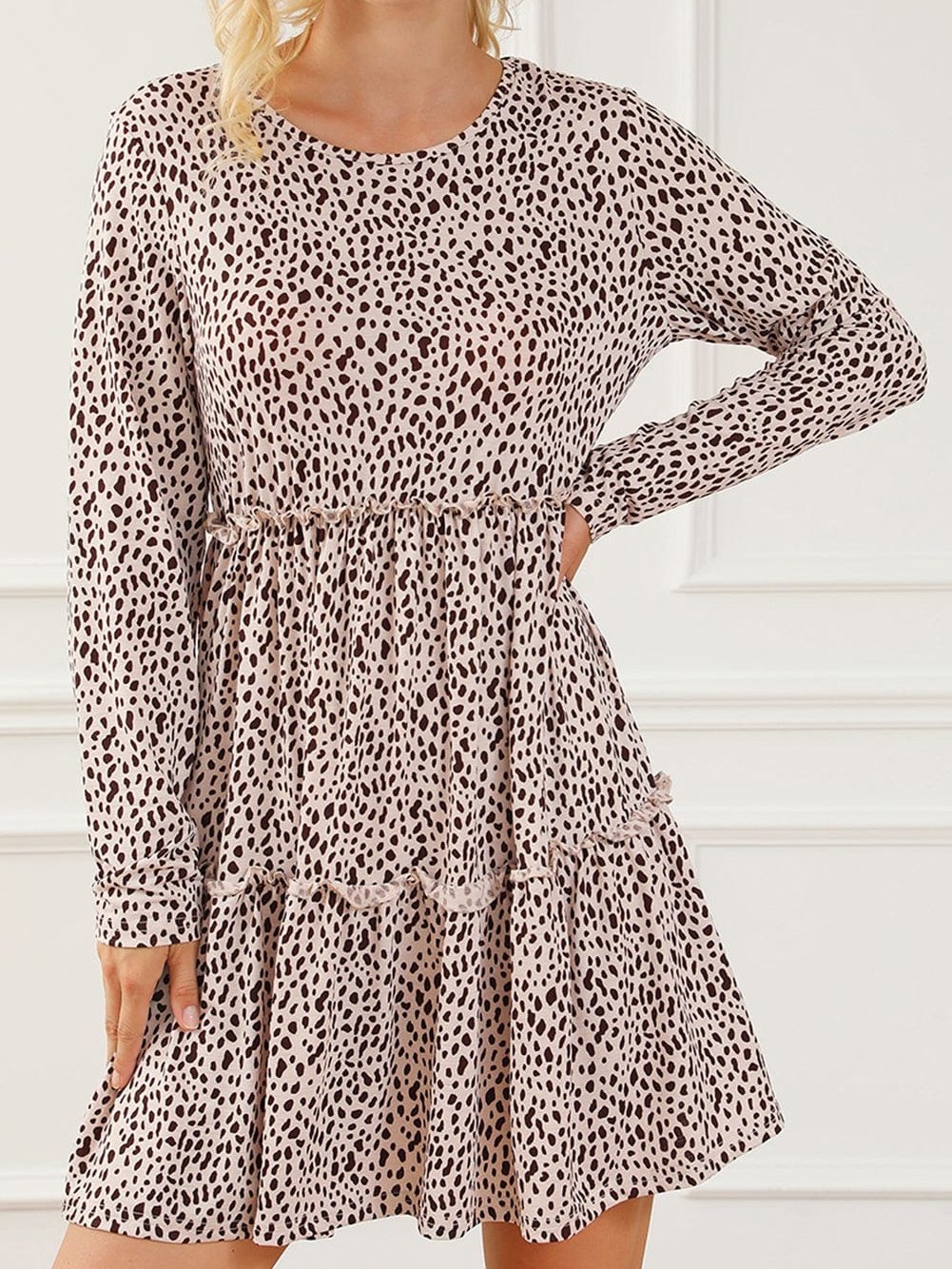 Leopard Print Ruffle Tiered Mini Dress with Long Sleeves