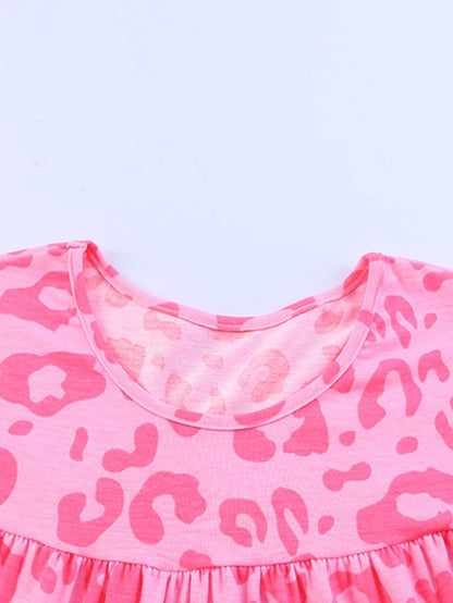 Leopard Print Ruffle Tiered Mini Dress with Round Neck