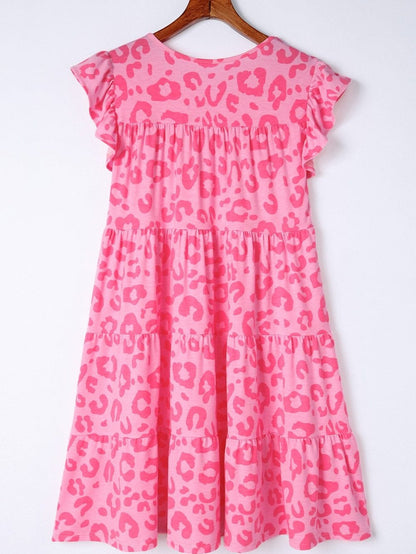 Leopard Print Ruffle Tiered Mini Dress with Round Neck