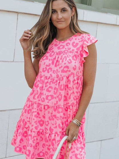 Leopard Print Ruffle Tiered Mini Dress with Round Neck