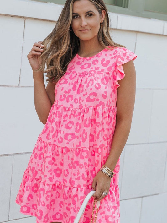 Leopard Print Ruffle Tiered Mini Dress with Round Neck