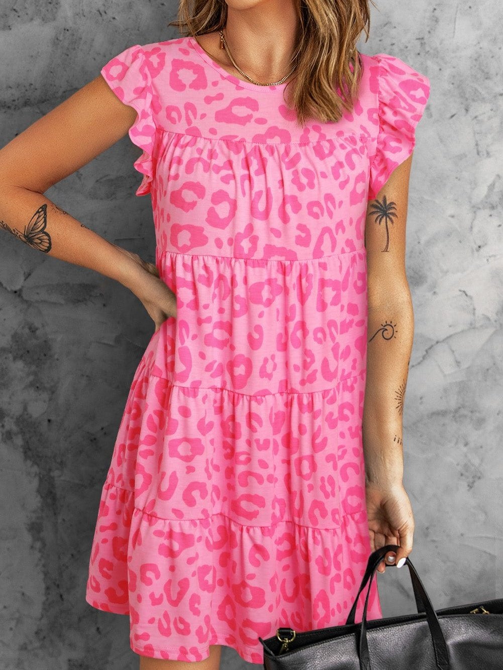 Leopard Print Ruffle Tiered Mini Dress with Round Neck