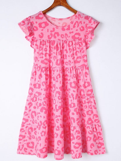 Leopard Print Ruffle Tiered Mini Dress with Round Neck