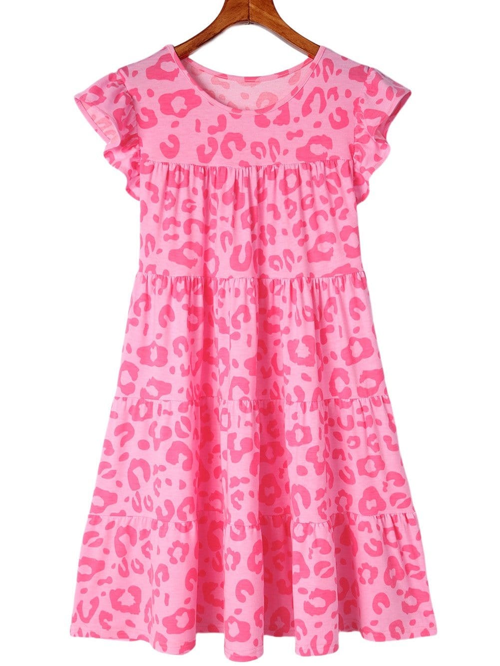 Leopard Print Ruffle Tiered Mini Dress with Round Neck