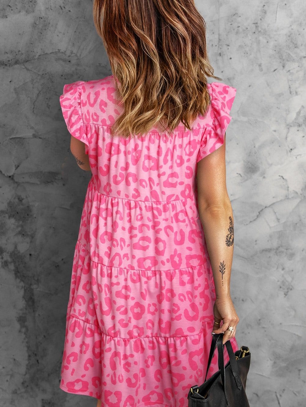 Leopard Print Ruffle Tiered Mini Dress with Round Neck