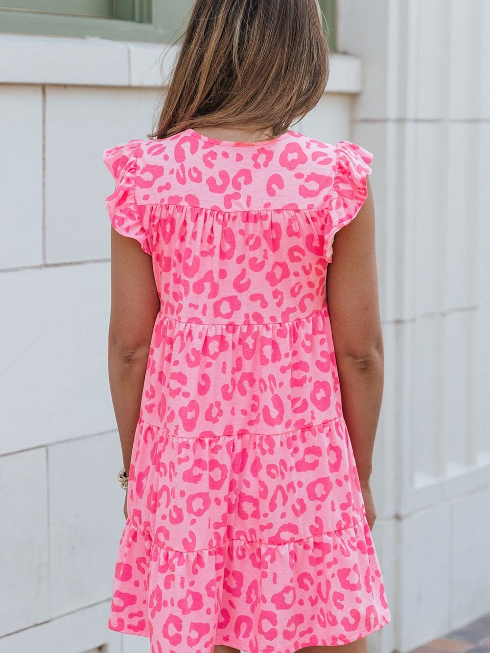 Leopard Print Ruffle Tiered Mini Dress with Round Neck