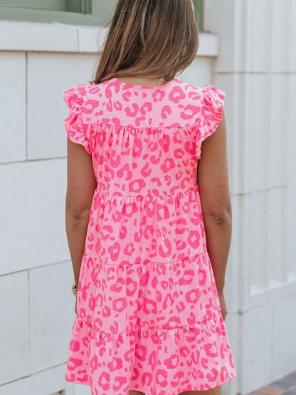 Leopard Print Ruffle Tiered Mini Dress with Round Neck