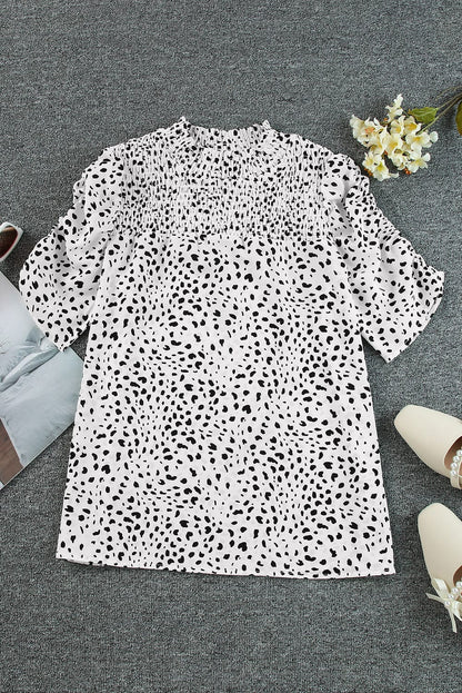 Leopard Print Smocked Bubble Sleeve Top