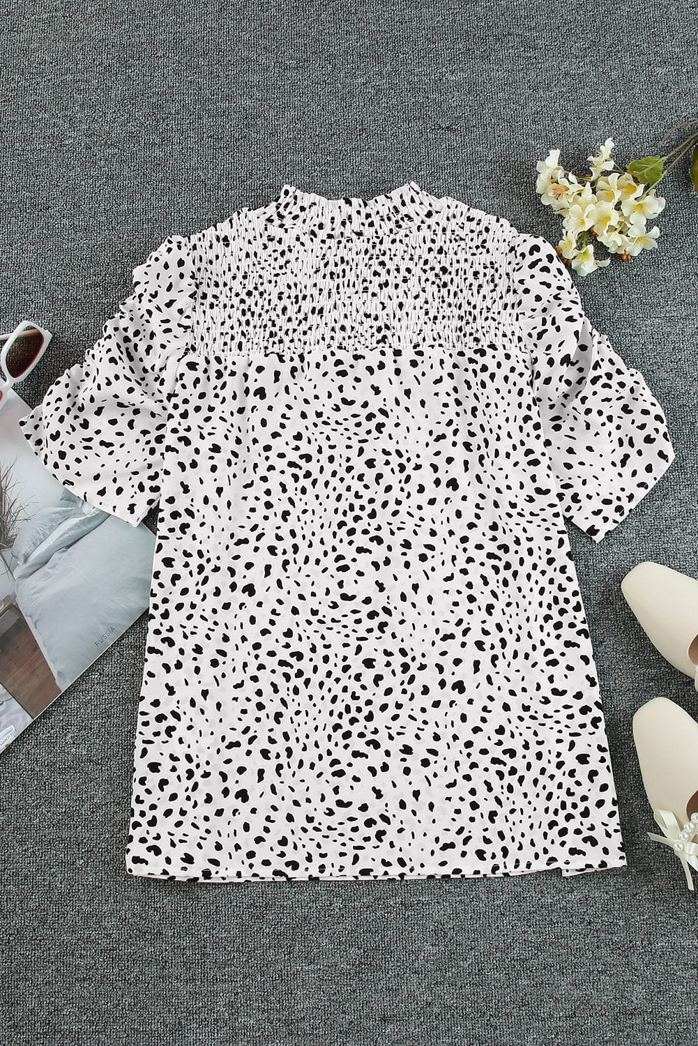 Leopard Print Smocked Bubble Sleeve Top