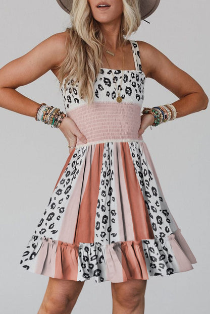 Leopard Print Smocked Fit and Flare Dress in Orange