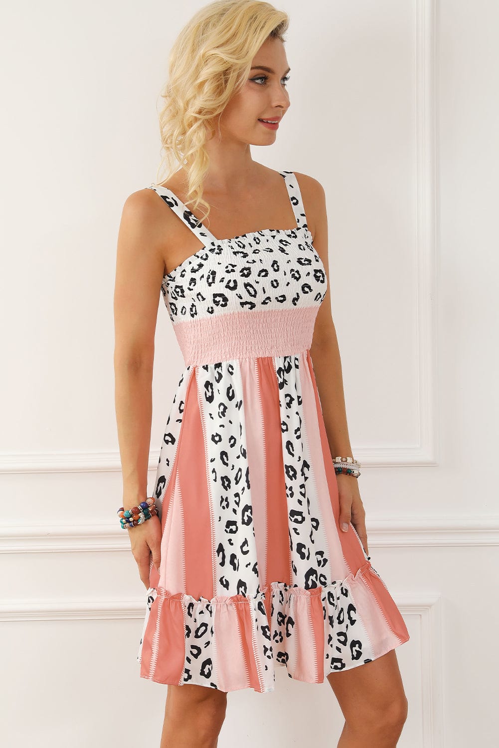 Leopard Print Smocked Fit and Flare Dress in Orange