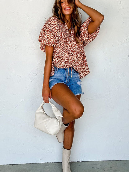 Leopard Print Split Neck Puff Sleeve Blouse
