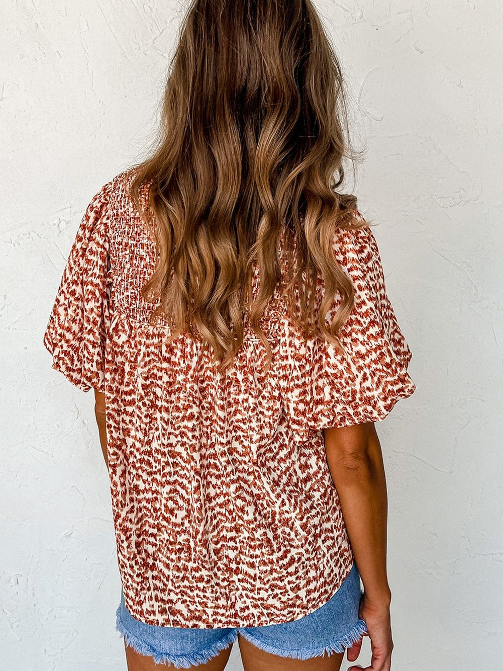 Leopard Print Split Neck Puff Sleeve Blouse