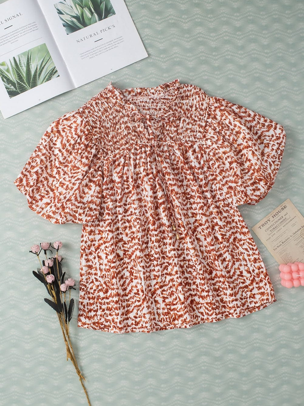 Leopard Print Split Neck Puff Sleeve Blouse