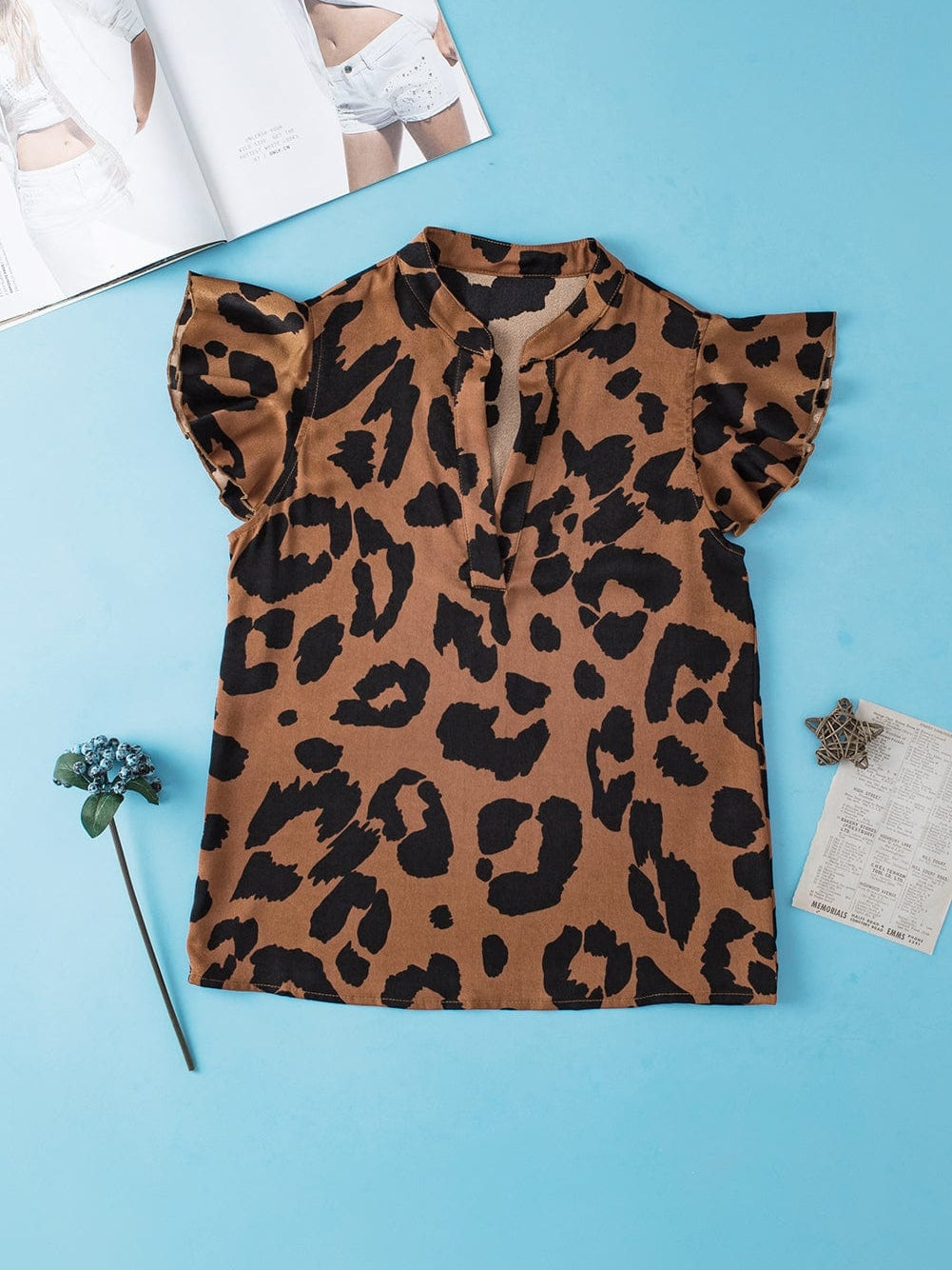 Leopard Print Split Neck Ruffle Sleeve Brown Blouse