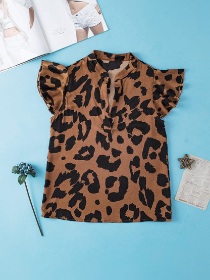 Leopard Print Split Neck Ruffle Sleeve Brown Blouse