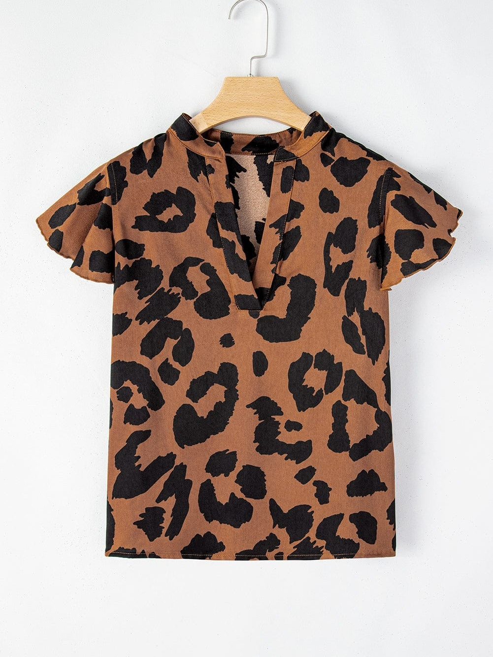 Leopard Print Split Neck Ruffle Sleeve Brown Blouse