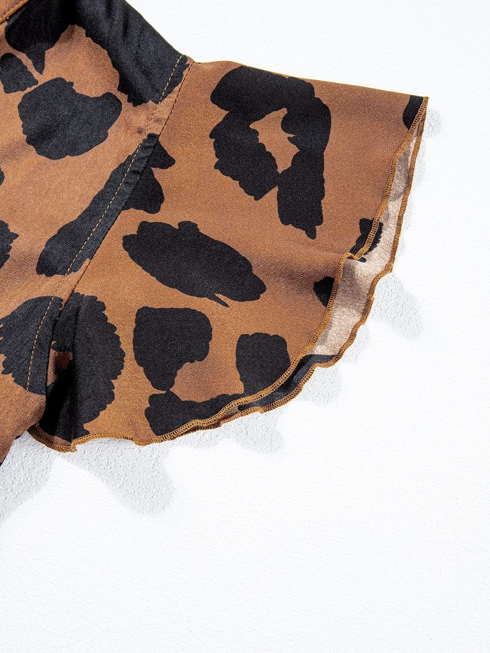 Leopard Print Split Neck Ruffle Sleeve Brown Blouse