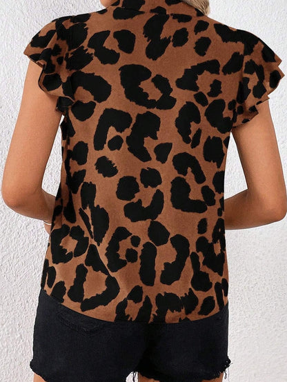 Leopard Print Split Neck Ruffle Sleeve Brown Blouse