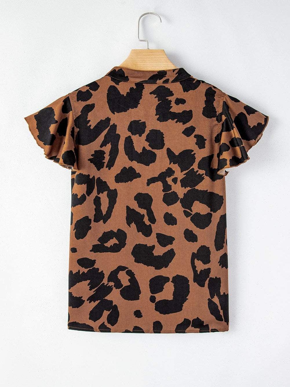 Leopard Print Split Neck Ruffle Sleeve Brown Blouse