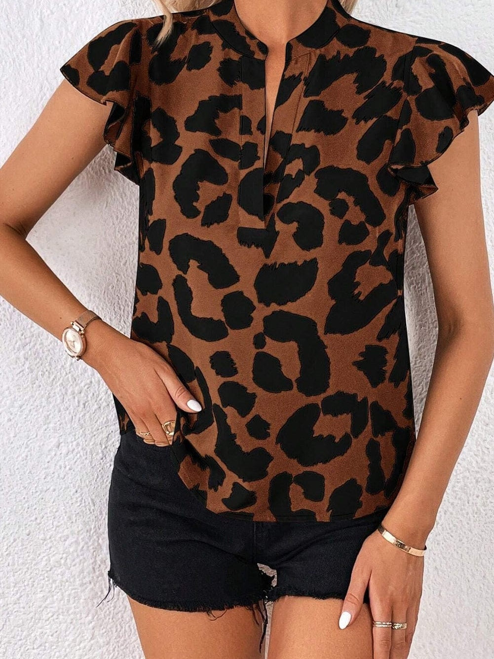 Leopard Print Split Neck Ruffle Sleeve Brown Blouse